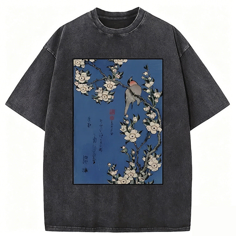 Japanese Bird And Wood Painting Washed T-shirt