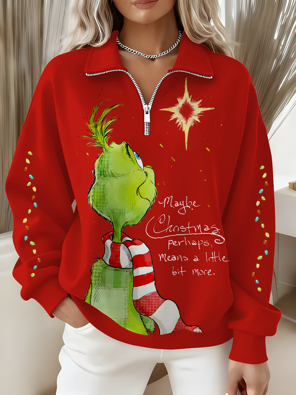 Women's Christmas Retro Grinc Long Sleeve Zipper Sweatshirt