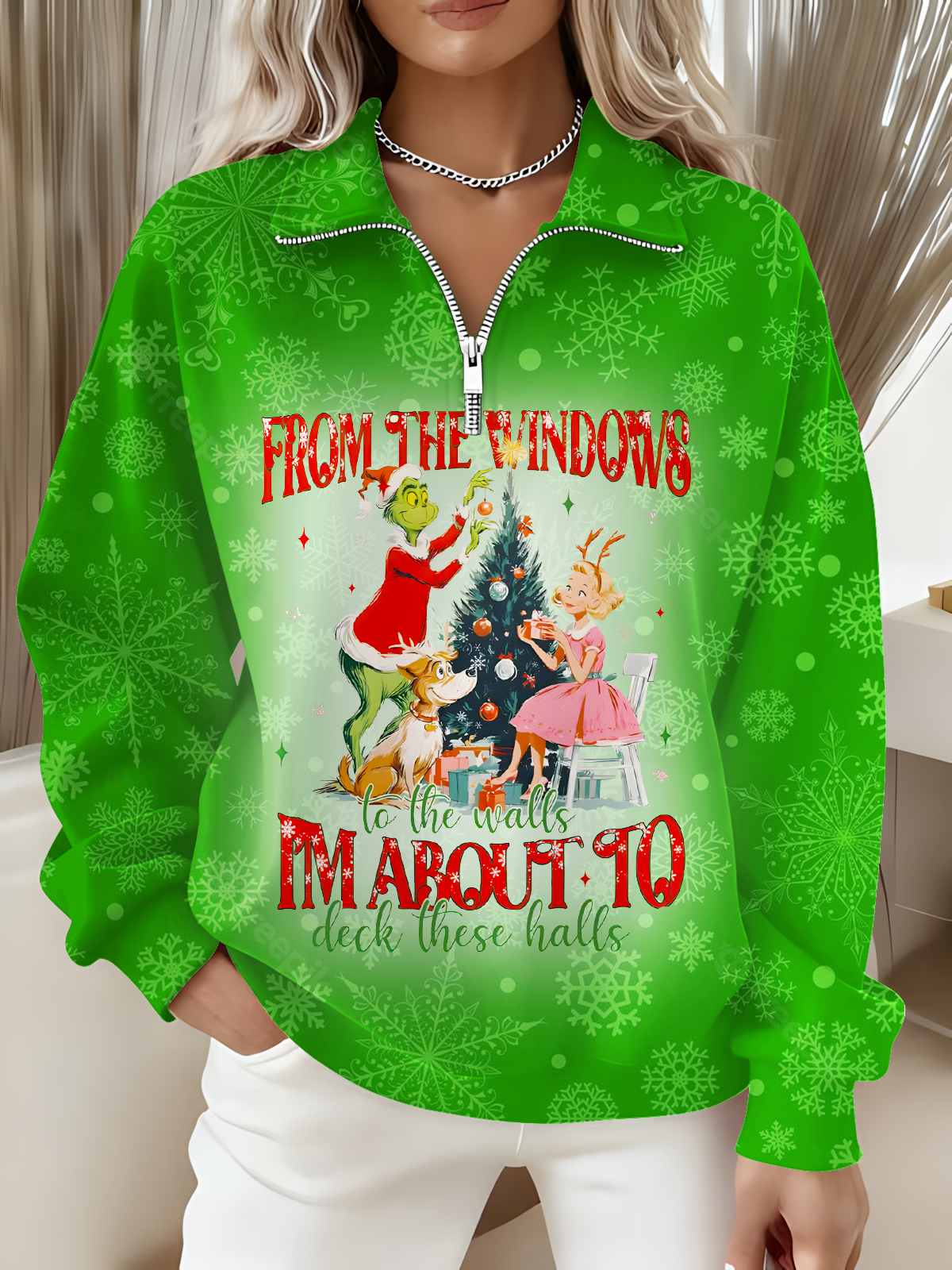 Women's I'm About To Deck These Halls Long Sleeve Zipper Sweatshirt