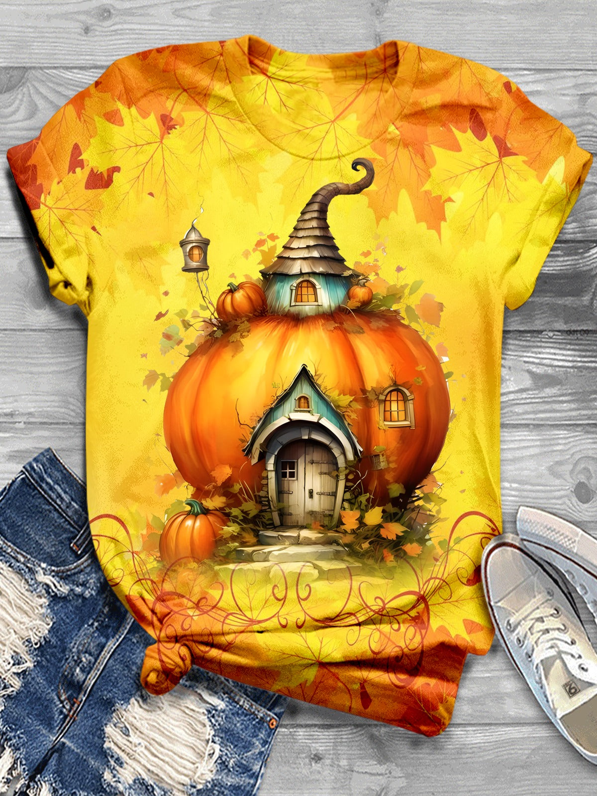 Fall Vibes Pumpkin Art Crew Neck T-shirt