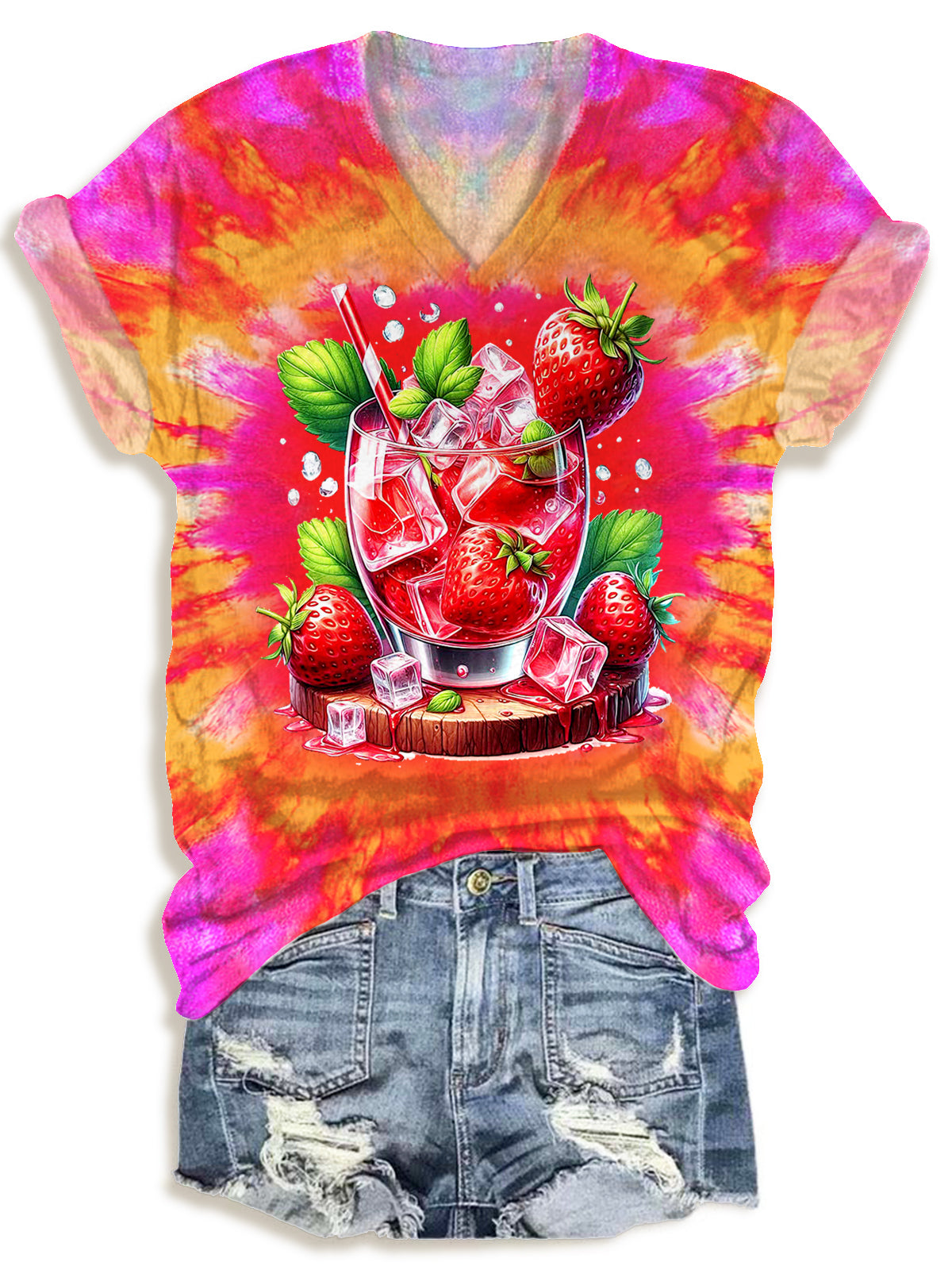 Tie Dye Strawberry V-neck T-Shirt