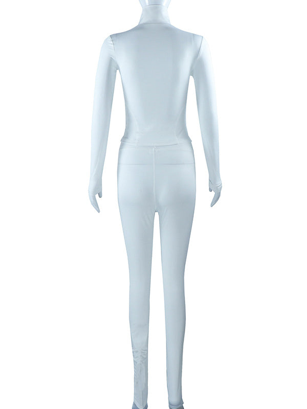 Sports Solid Color Skinny Zipper Long Sleeves Jackets & Leggings Suits