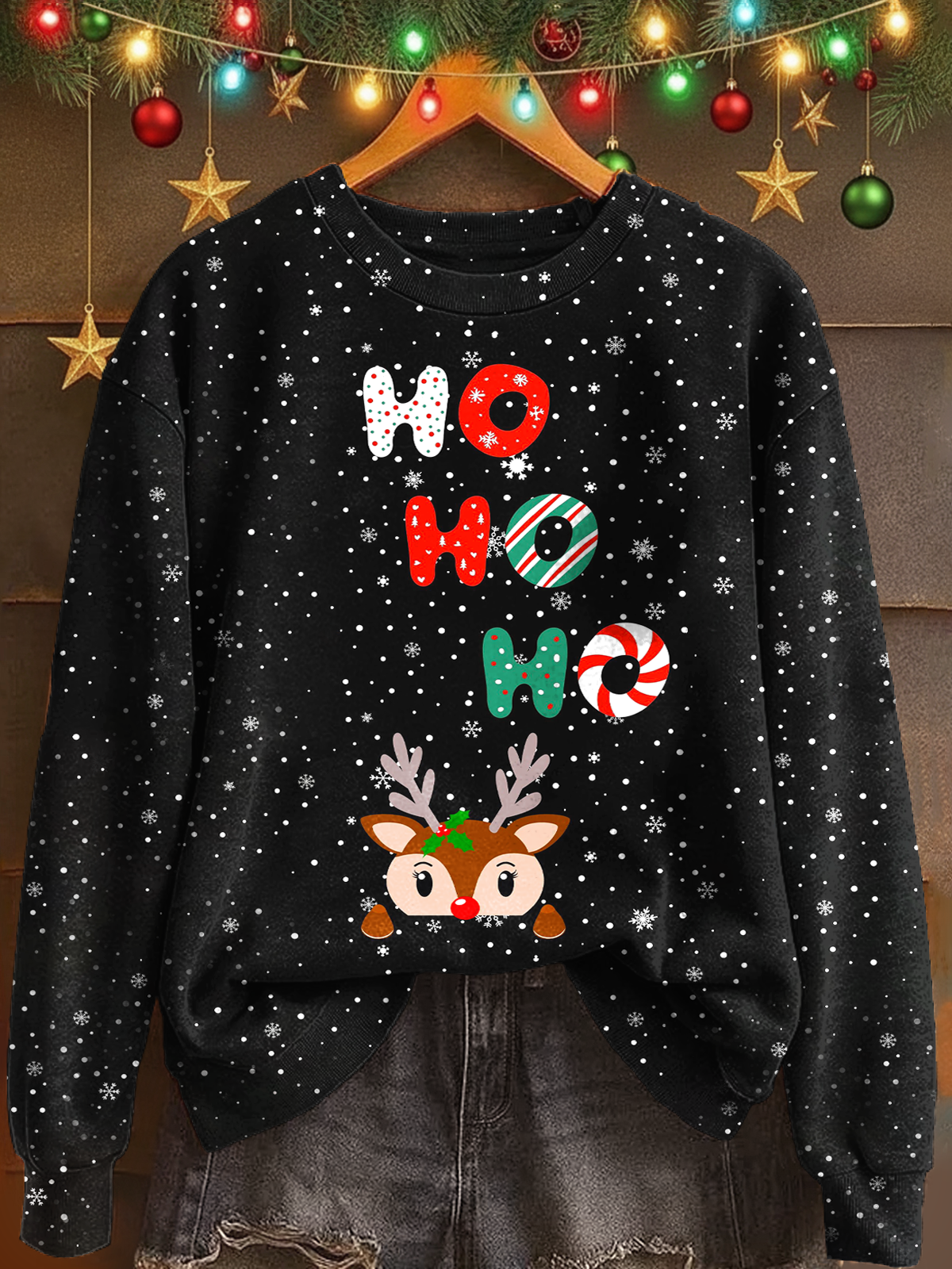 Ho Ho Ho Christmas Deer Printed Long Sleeve Casual Top