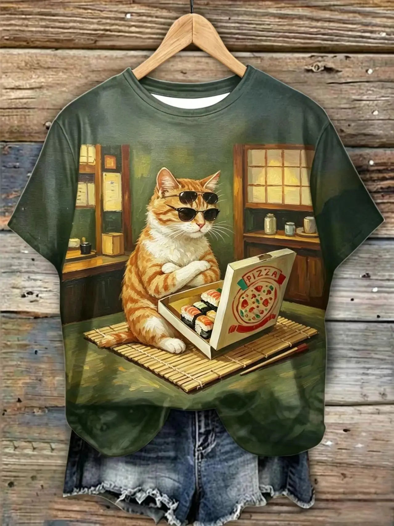 Oil Painting Style Sunglasses Orange Cat Sushi Pizza Box Japanese Izakaya Green Crew Neck Tee