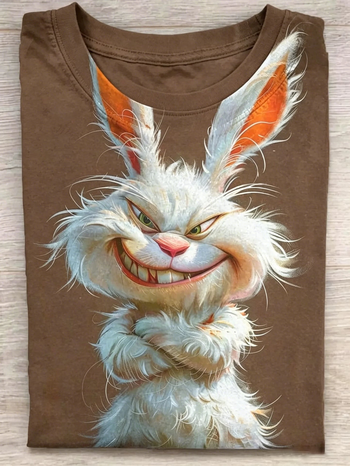 Vintage Grinning Evil Rabbit Graphic Crew Neck T-Shirt, Cartoon White Bunny Funny Casual Short Sleeve Tee