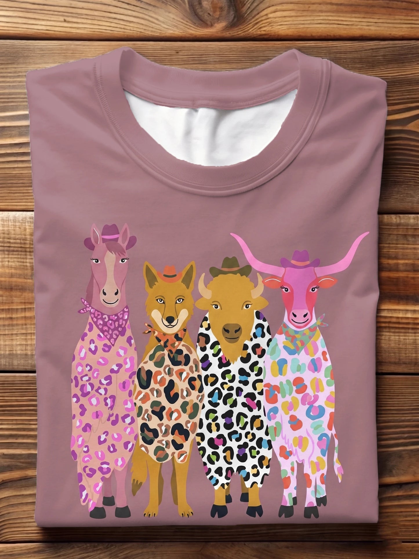 Dusty Rose Leopard Print Western Horse Fox Bison Longhorn Crew Neck Short Sleeve T-shirt