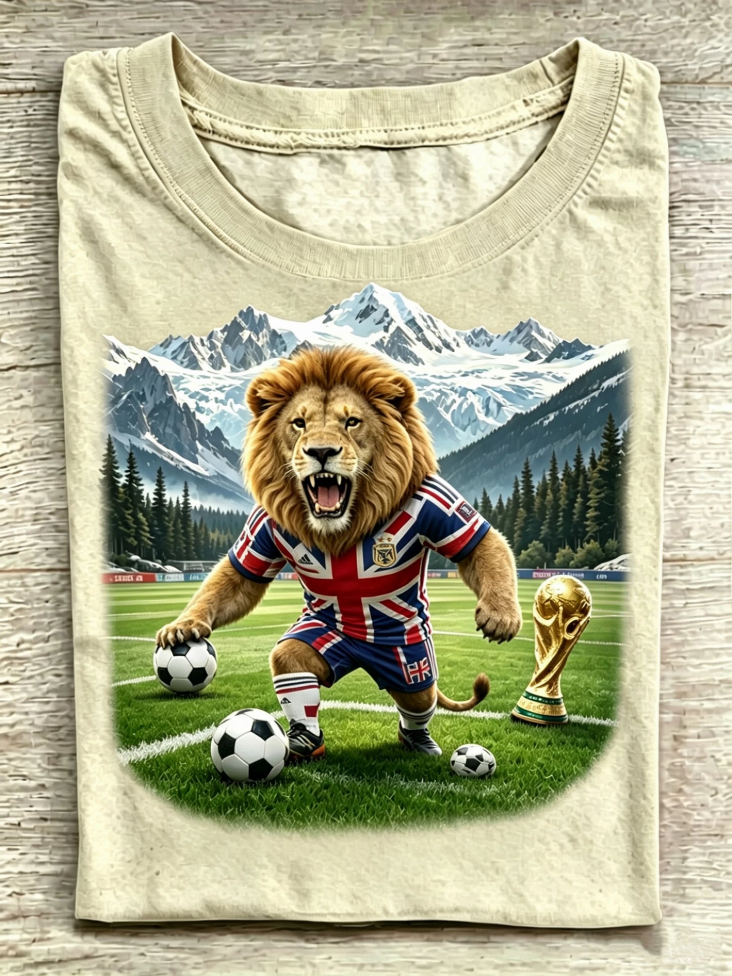 Lion In UK Flag Soccer Jersey World Cup Trophy Snow Mountain Khaki Crew Neck Tee