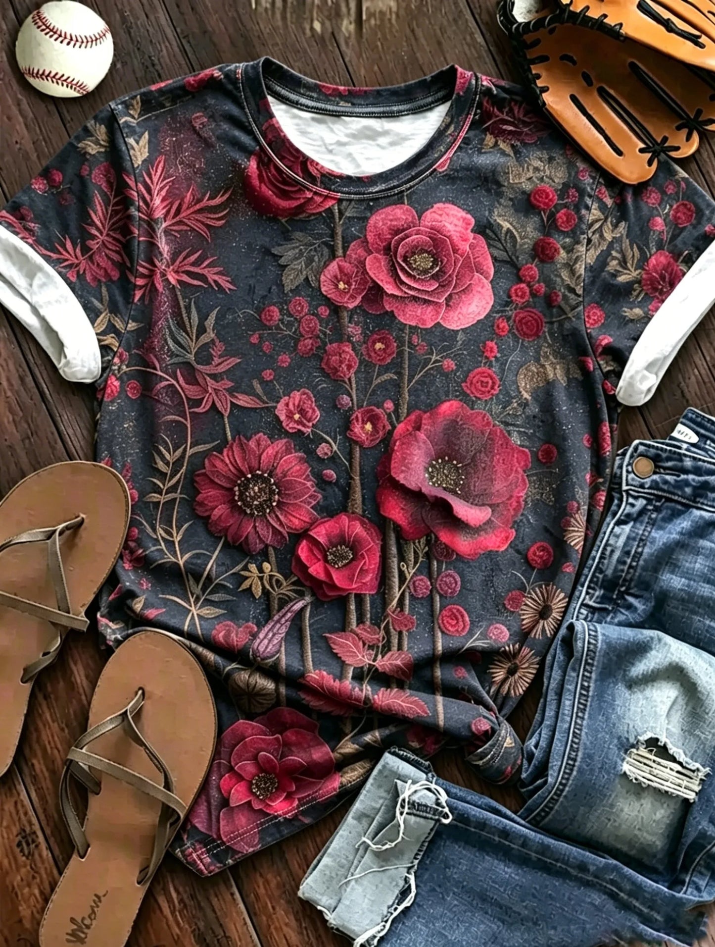 Vintage Dark Floral Rose Print Crew Neck Short Sleeve T-Shirt, Retro Botanical All Over Print Casual Tee