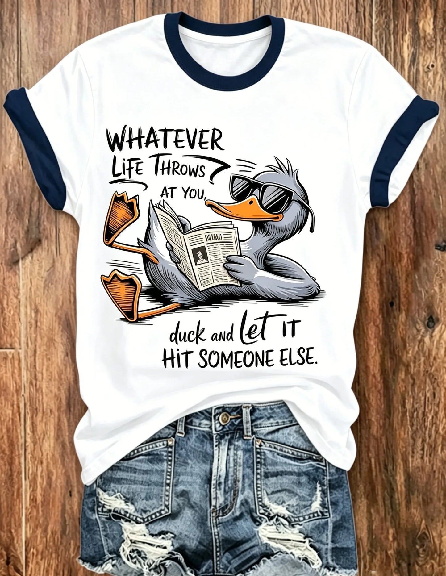 White & Navy Ringer Duck Graphic Funny Quote Short Sleeve T-Shirt