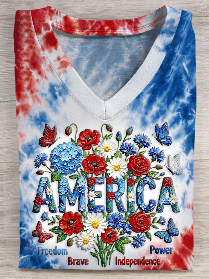 Women's America Patriotic Flower Tie-Dye Short Sleeve V-Neck T-Shirt