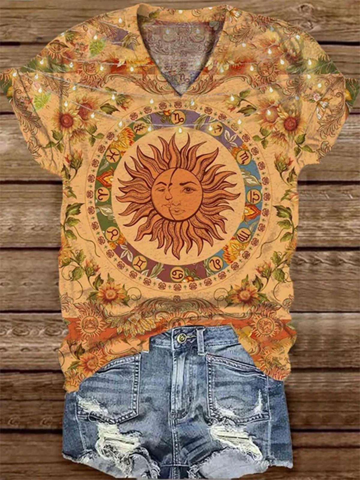 Sunflower Art Vintage Illustration Print Casual T-shirt