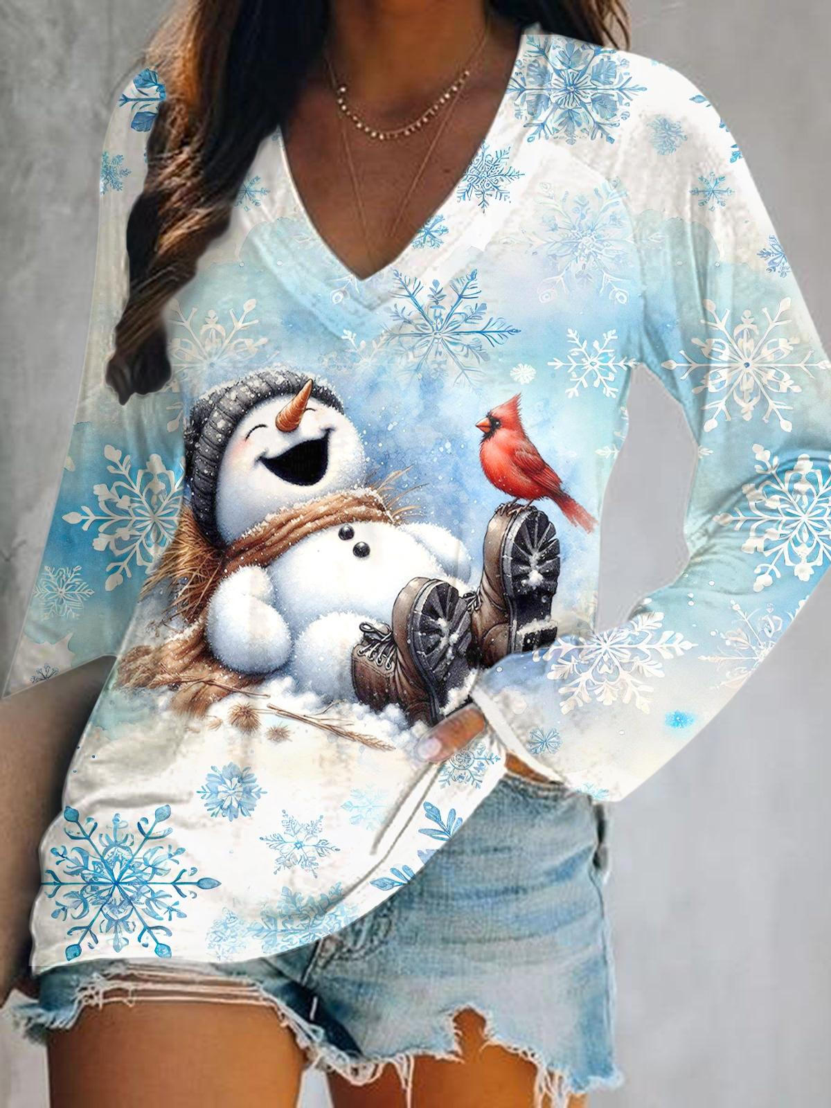 Winter Cute Snowman Print V-Neck Long Sleeve Top