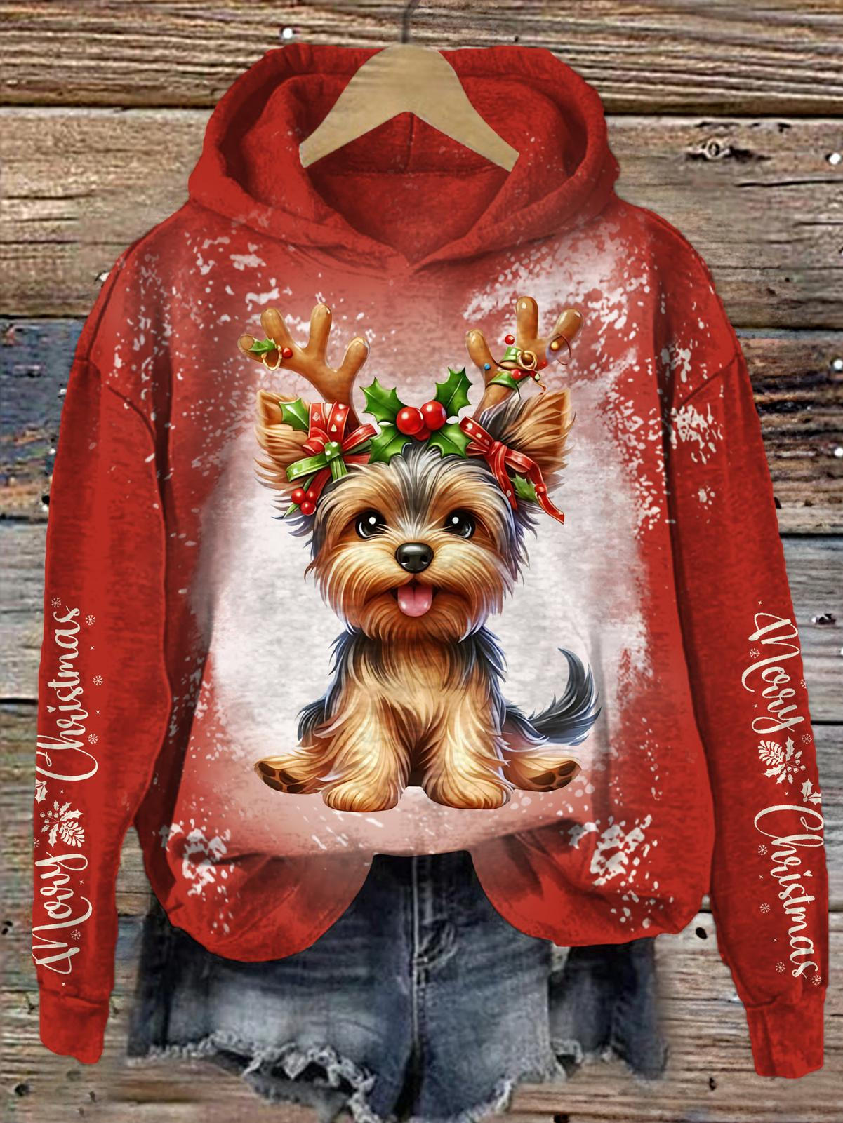 Retro Christmas Puppy Long Sleeve Printed Hoodie