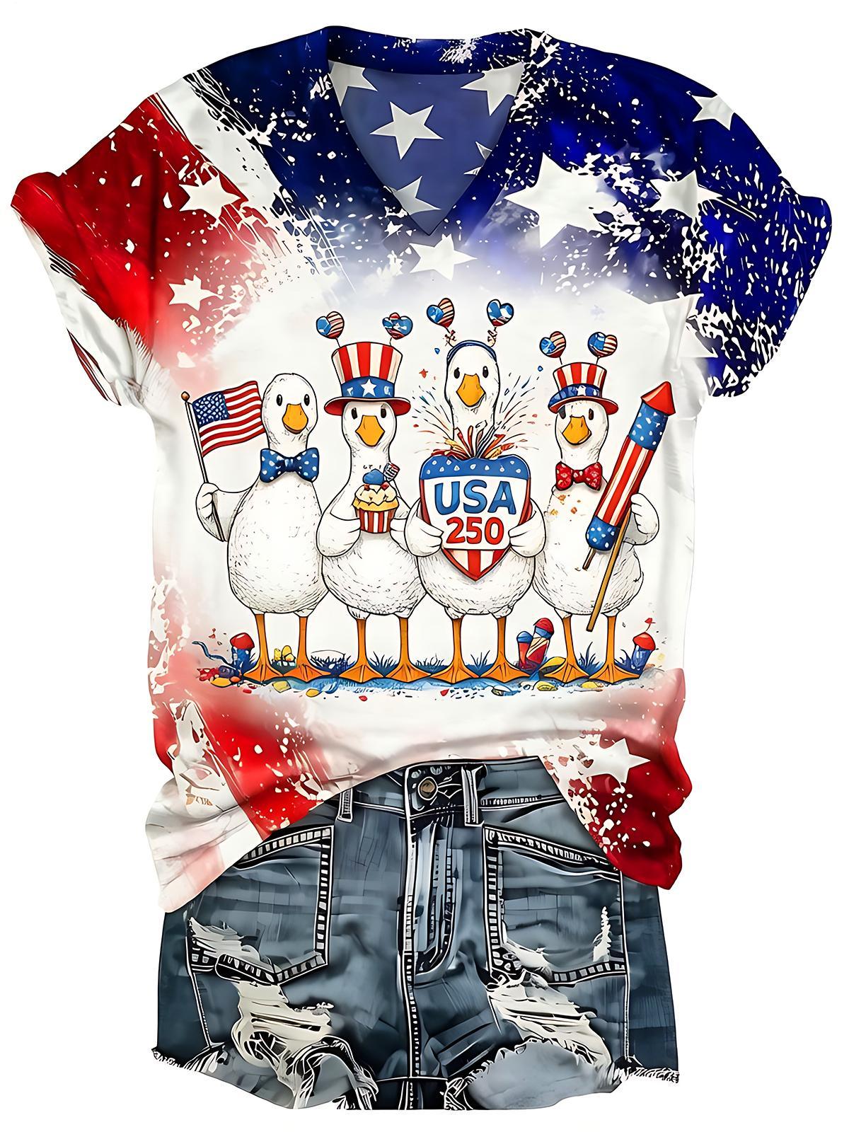USA 250th Anniversary Independence Day Tie Dye Cartoon Duck Women Short Sleeve V Neck T-Shirt