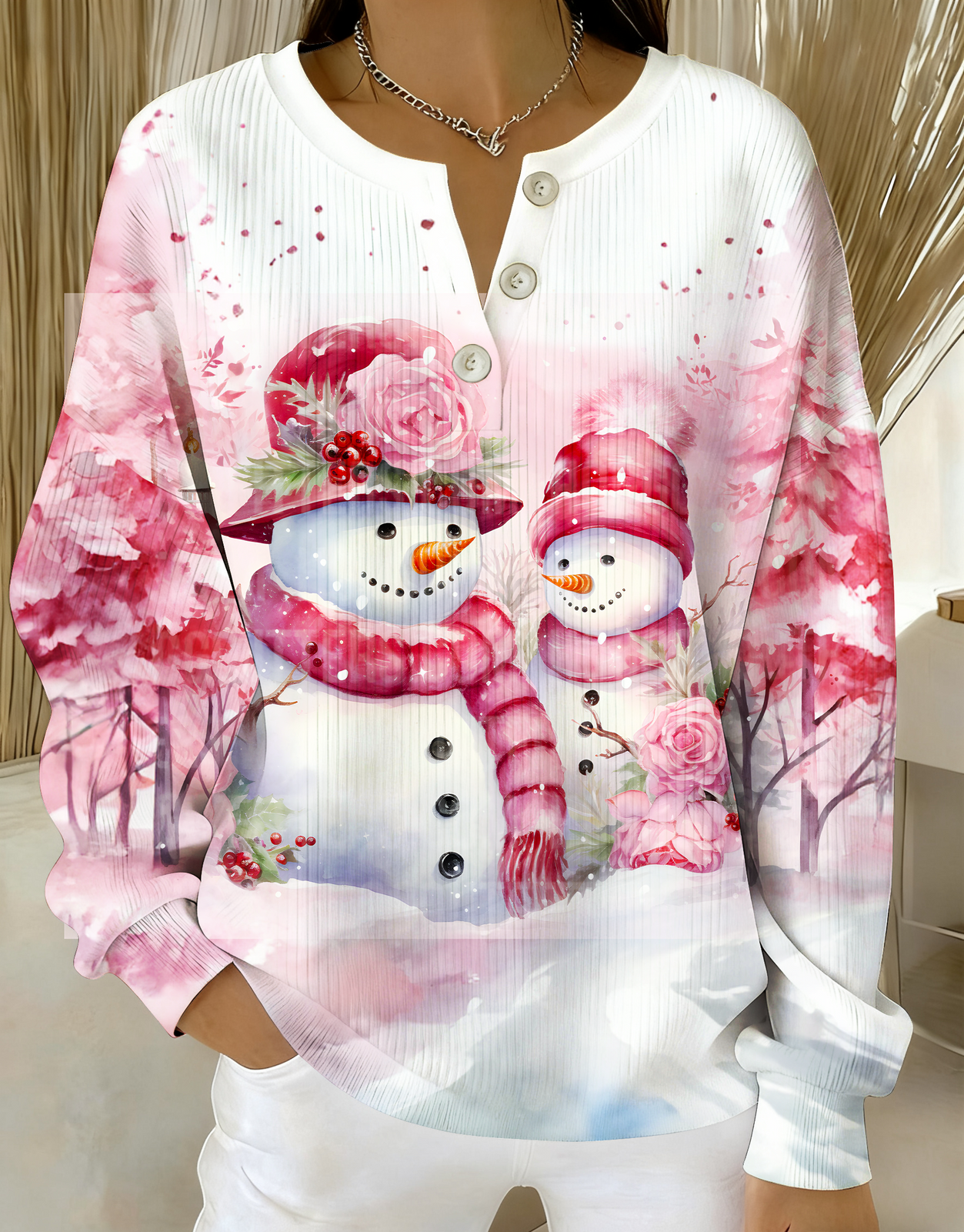 Pink Floral Snowman Knitted Button Long-Sleeved Top