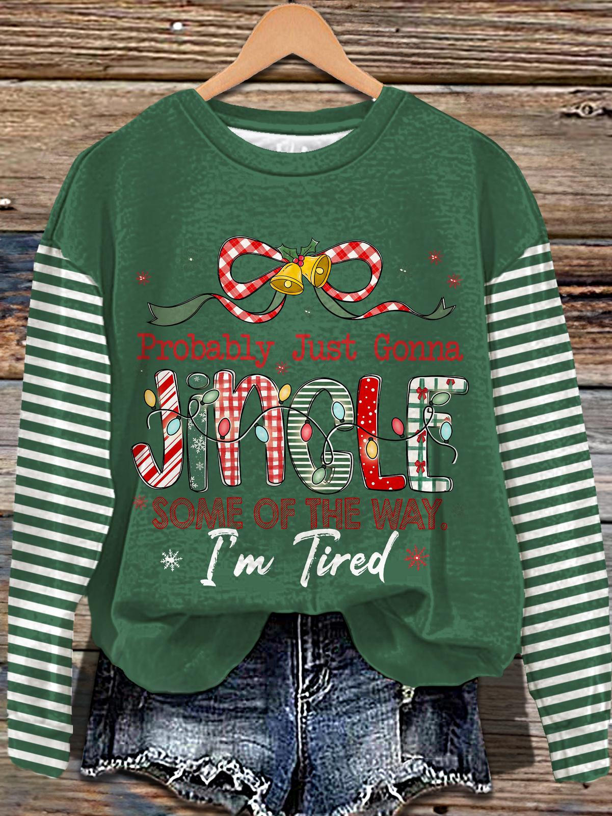 Retro Christmas Stripes Printed Long Sleeve Casual Top