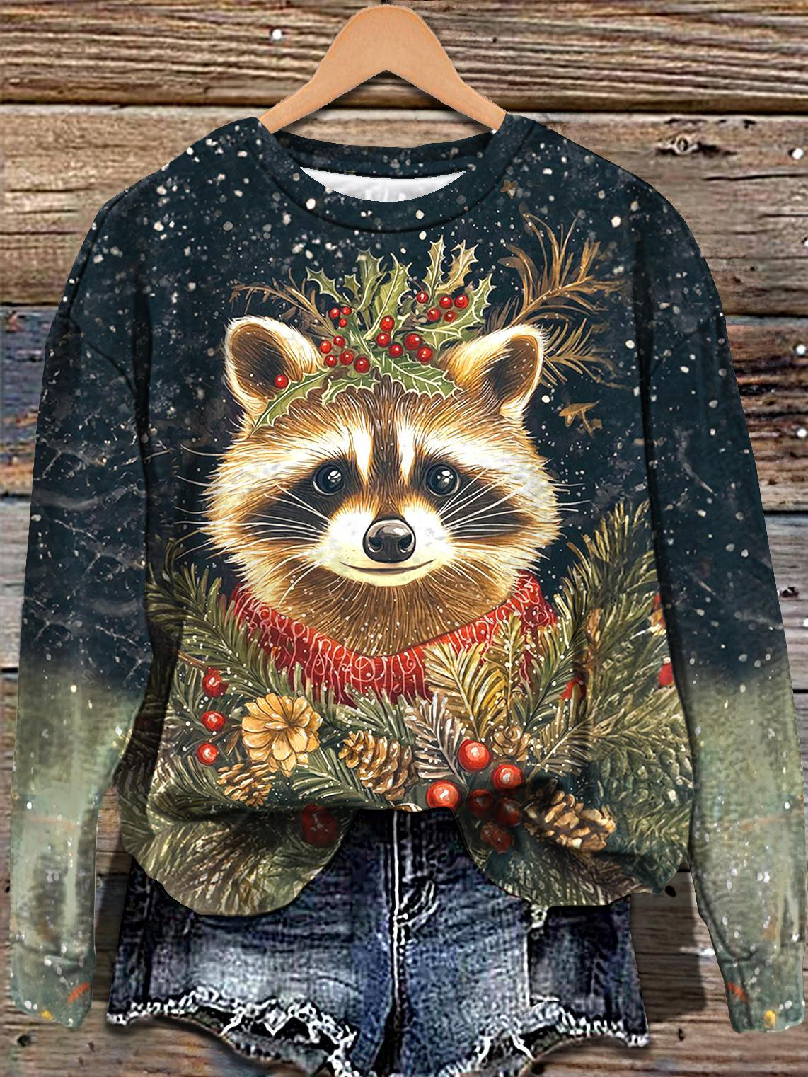 Christmas Cute Raccoon Printed Long Sleeve Casual Top