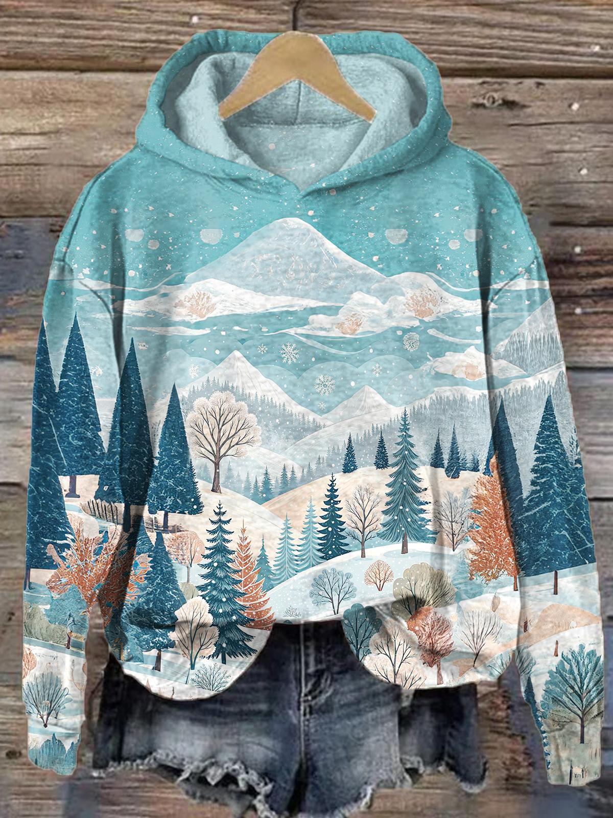 Winter Snow Scene Long Sleeve Printed Hoodie