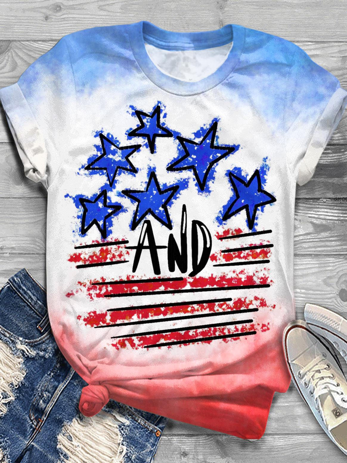 Independence Day Stars And Stripes Vintage Print Crew Neck T-shirt