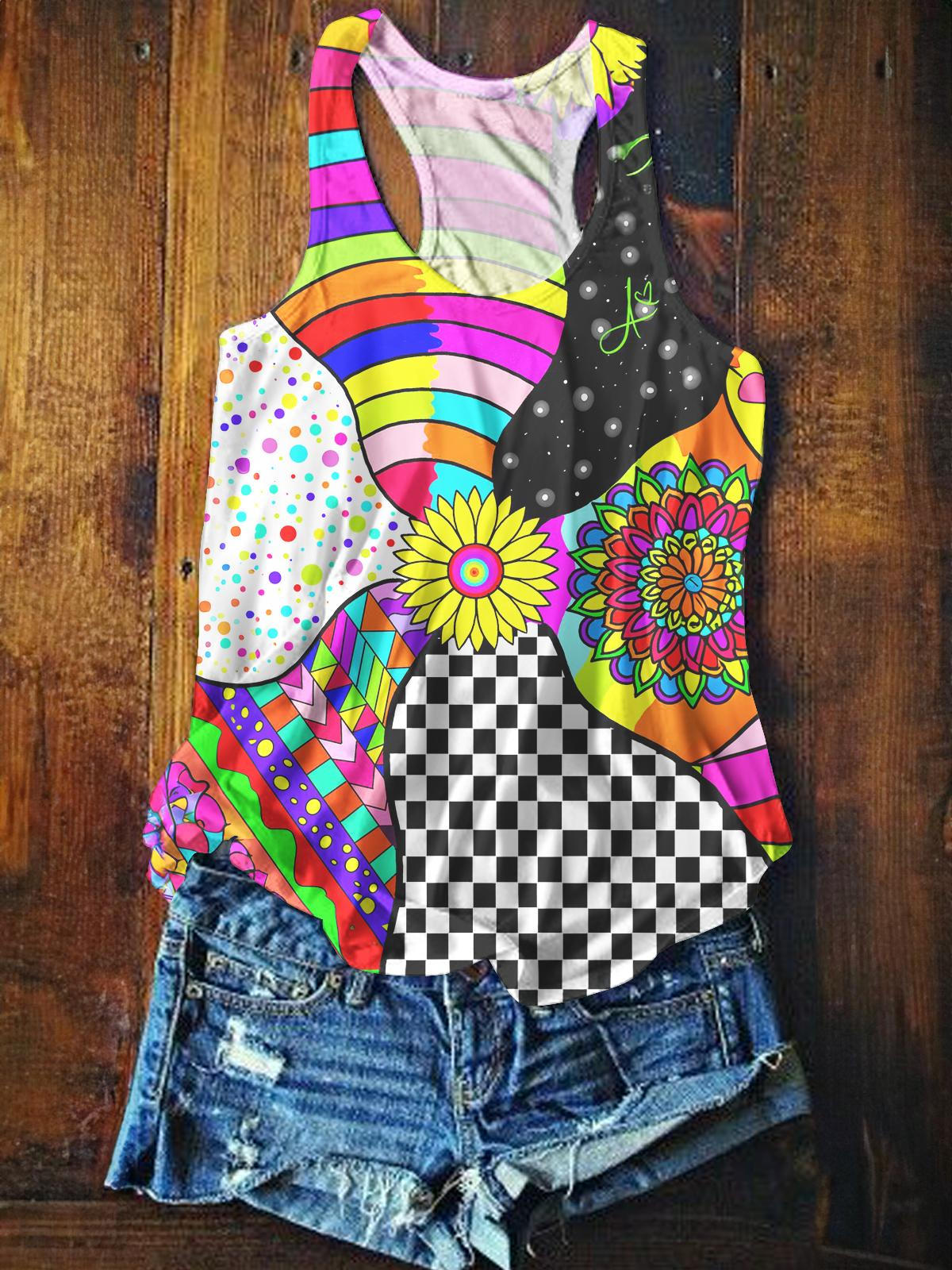 Retro Stitching Hippie Printed Casual Tank Top