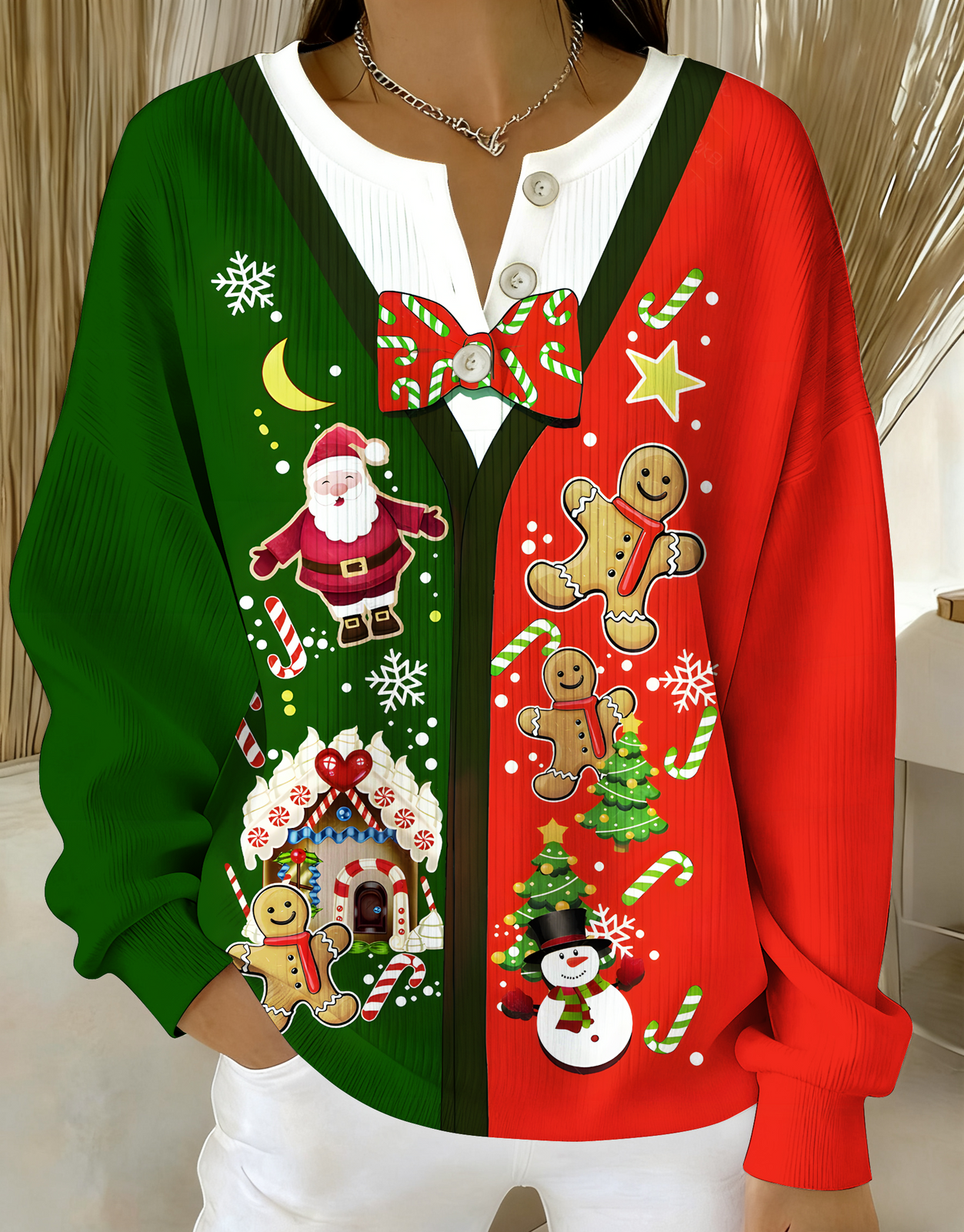 Santa Claus Knitted Button Long-Sleeved Top