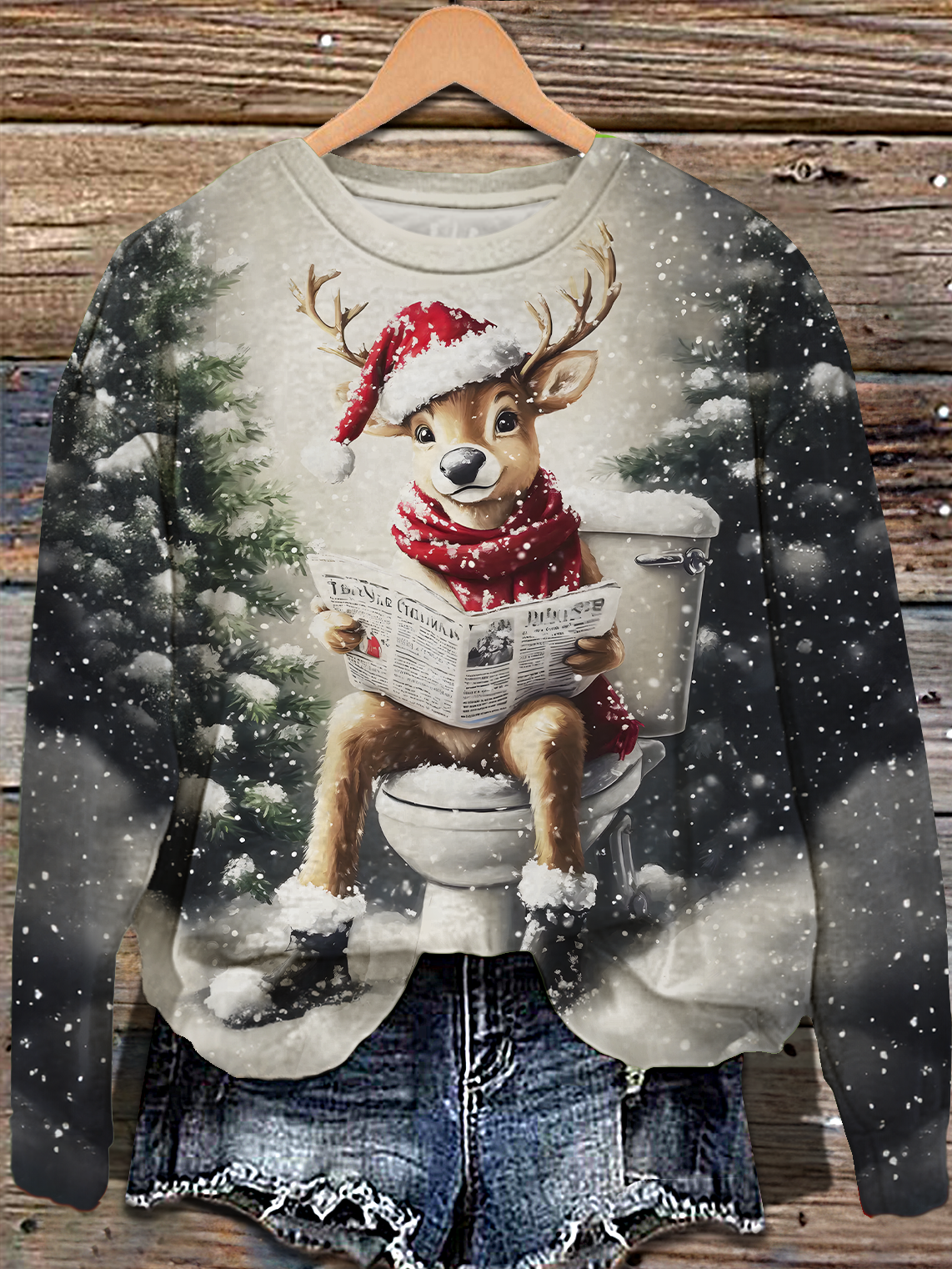 Reindeer On The Toilet Printed Long Sleeve Casual Top