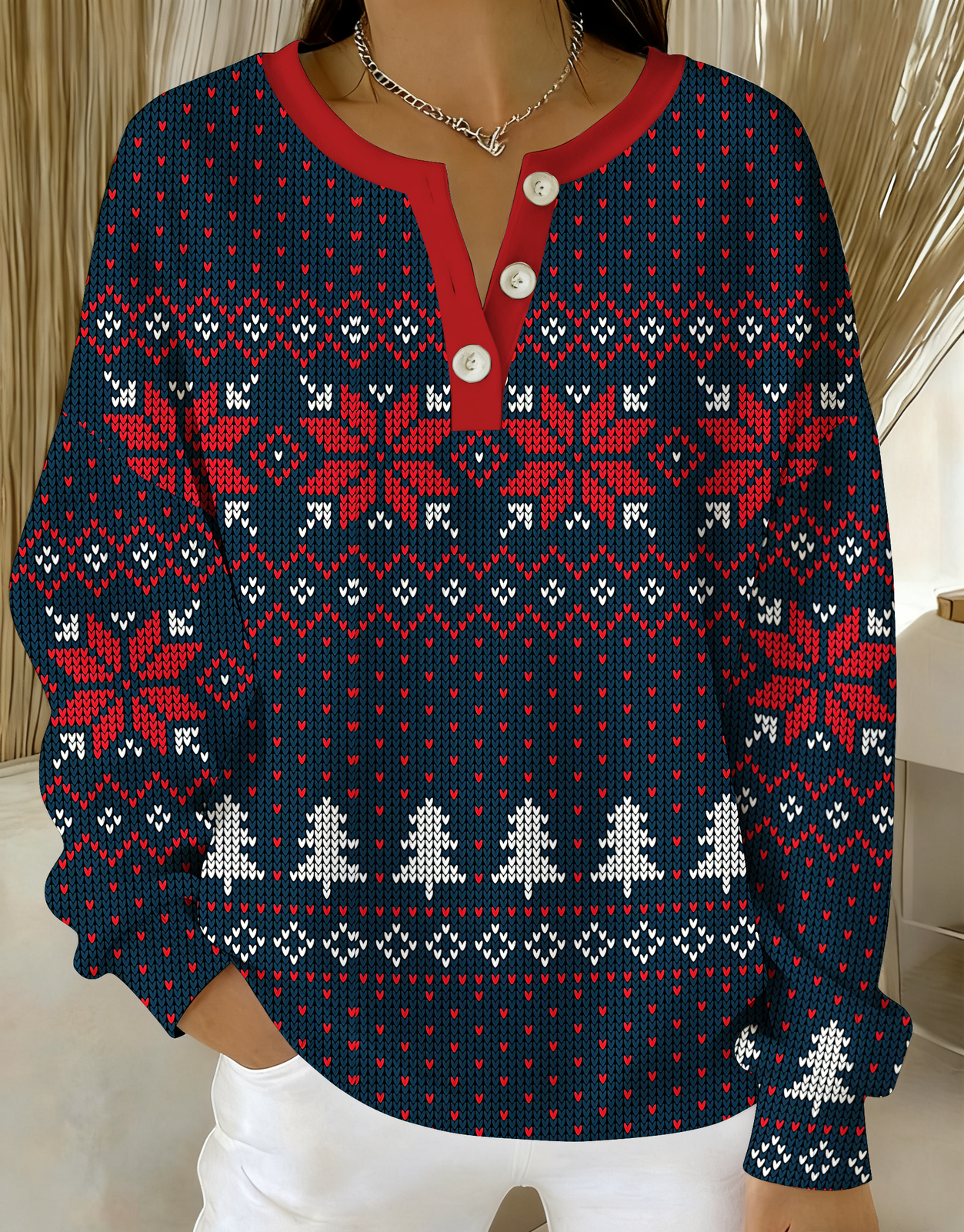 Vintage Christmas Fair IsleKnitted Button Long-Sleeved Sweater