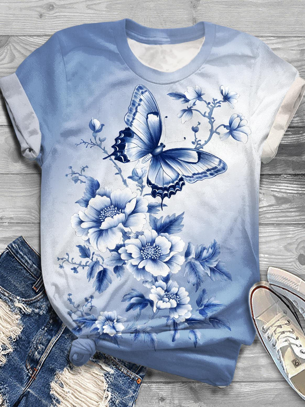 Blue And White Butterfly Printed Crew Neck T-shirt