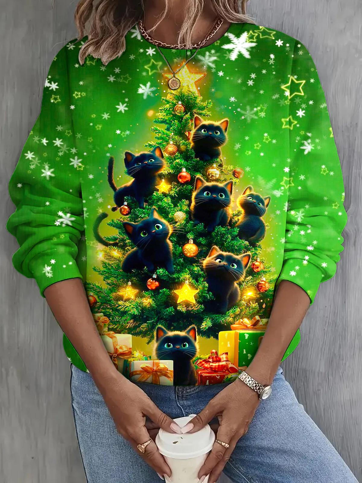 Christmas Tree Cat Long Sleeve Casual Top