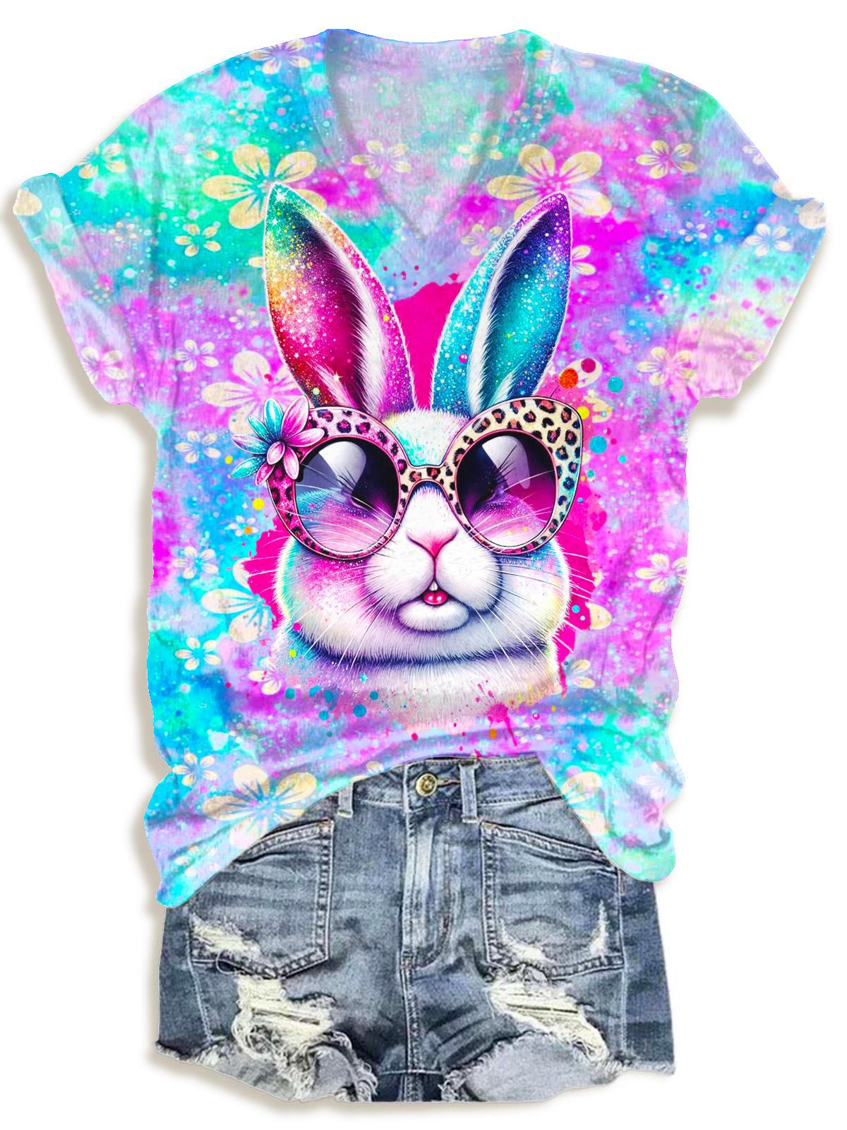 Colorful Cute Rabbit Print V-neck T-Shirt