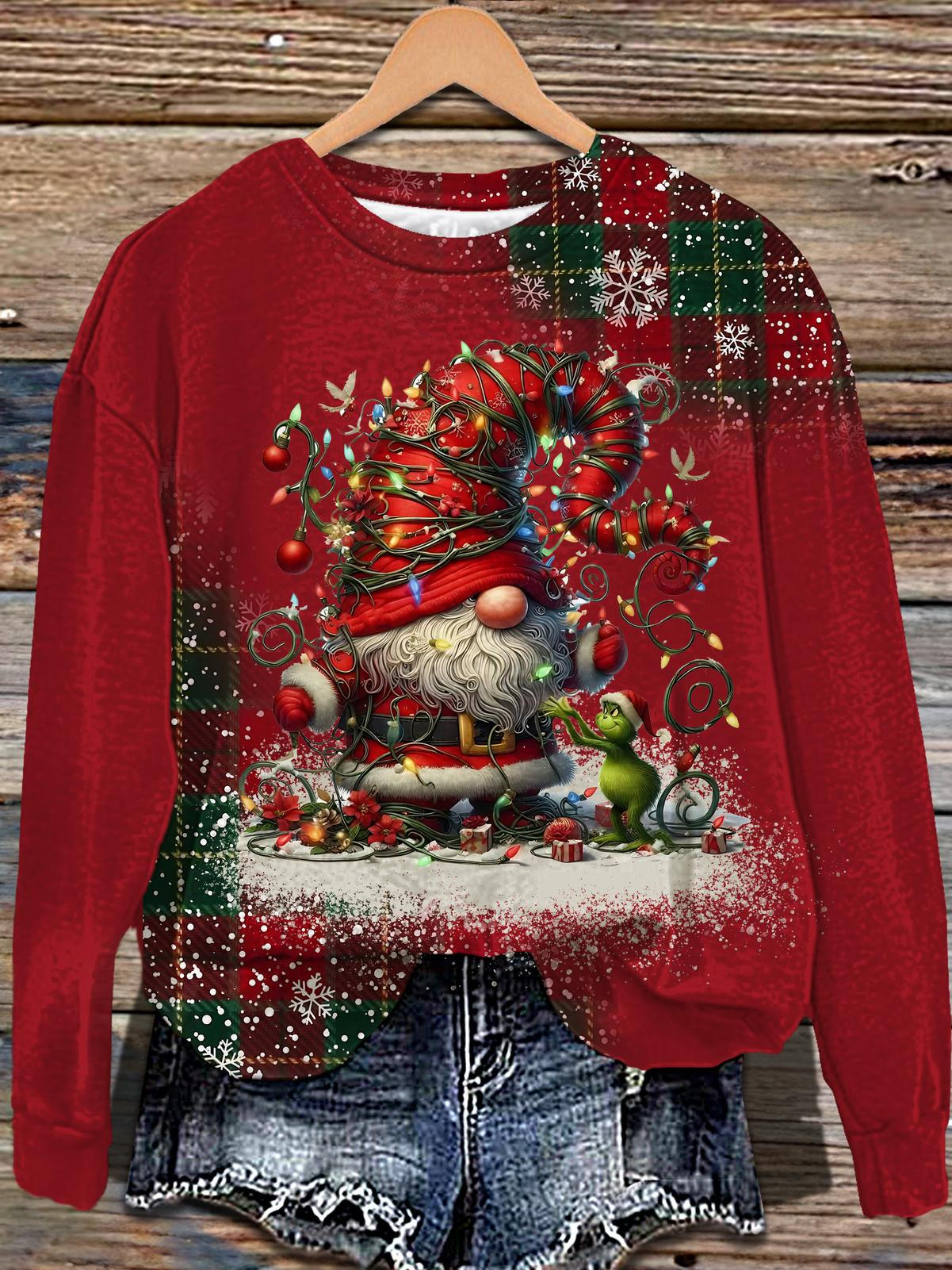 Retro Checkered Christmas Printed Long Sleeve Casual Top