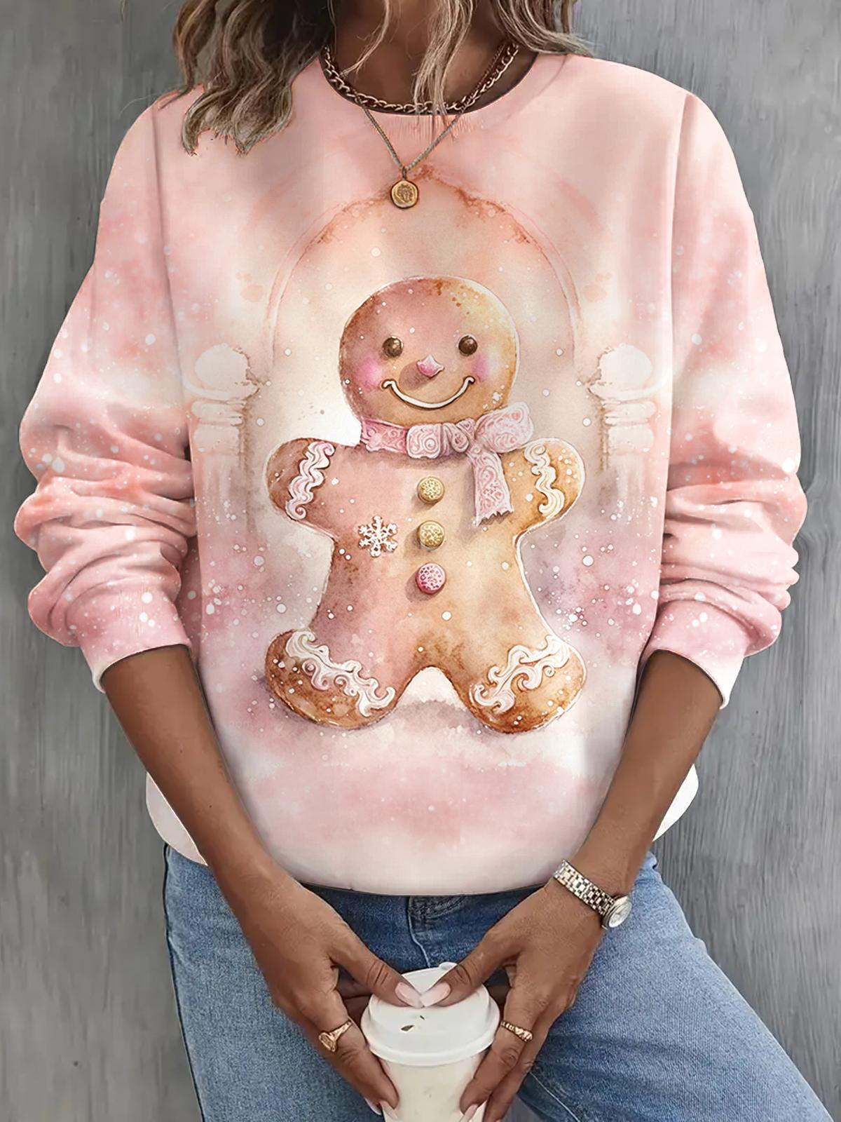Christmas Gingerbread Man Print Long Sleeve Casual Top