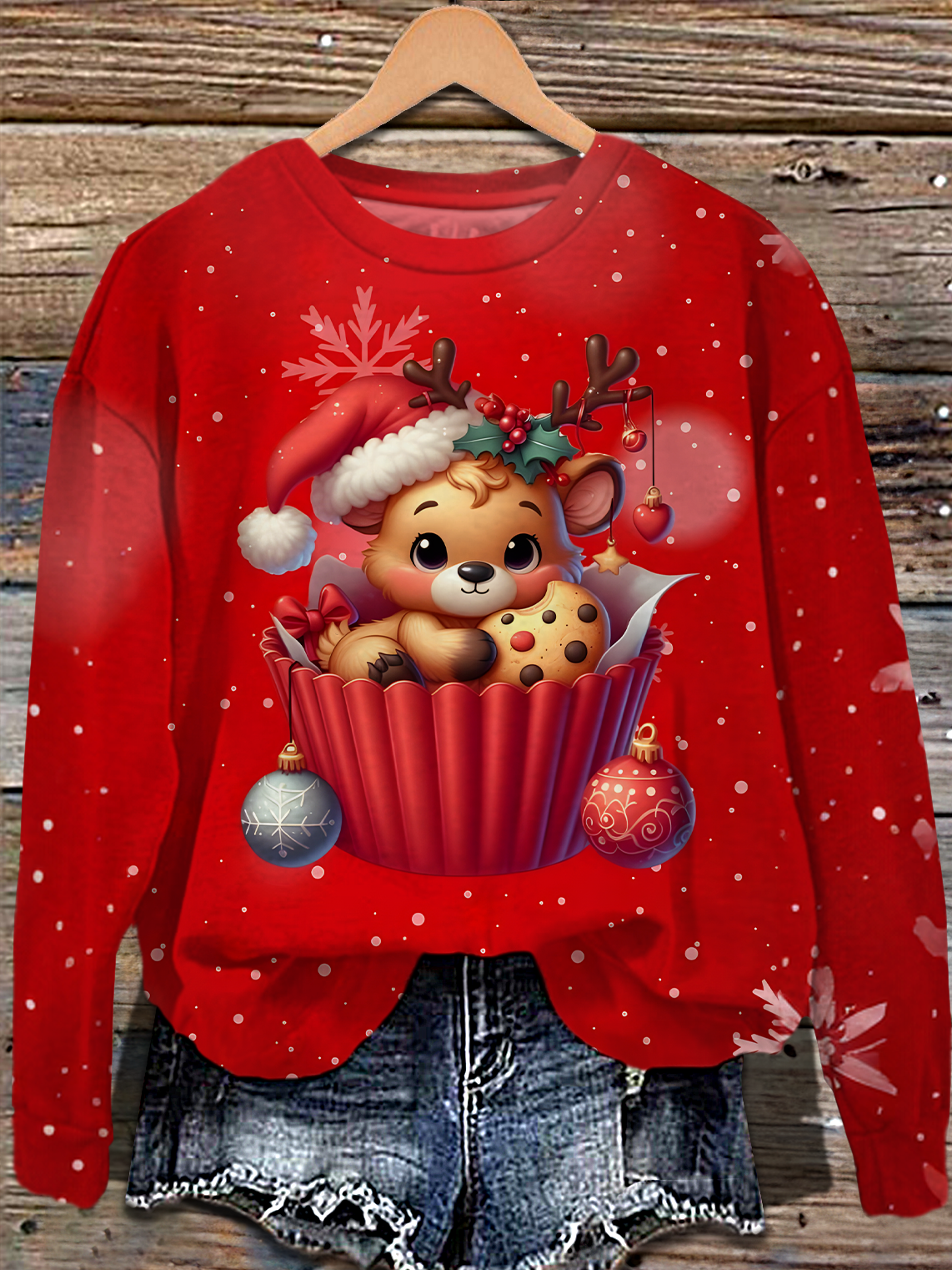 Retro Christmas Cookie Bear Printed Long Sleeve Casual Top