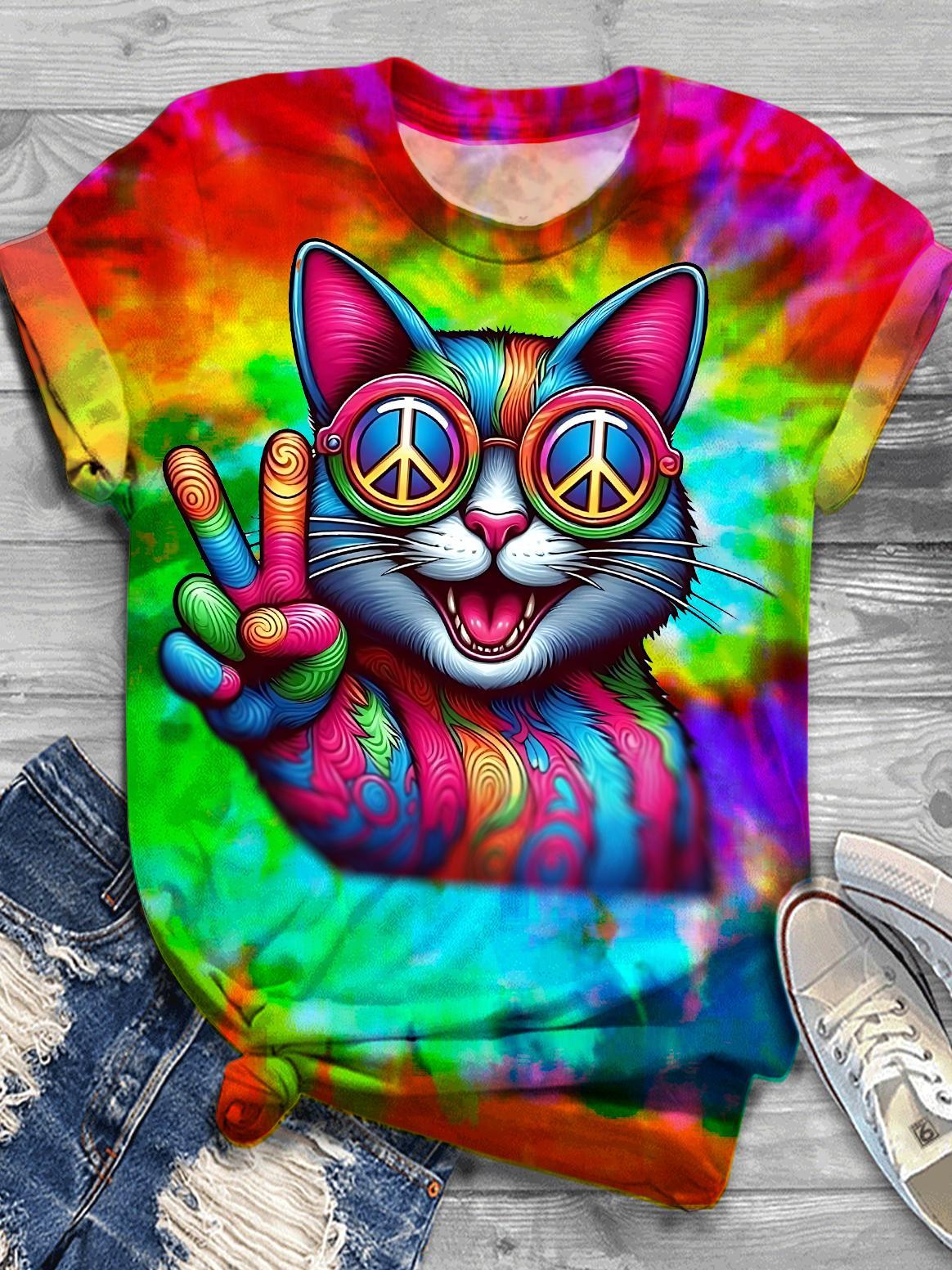 Hippie Peace Cat Tie Dye Psychedelic Peace Sign Sunglasses Women's Round Neck Short Sleeve T-shirt