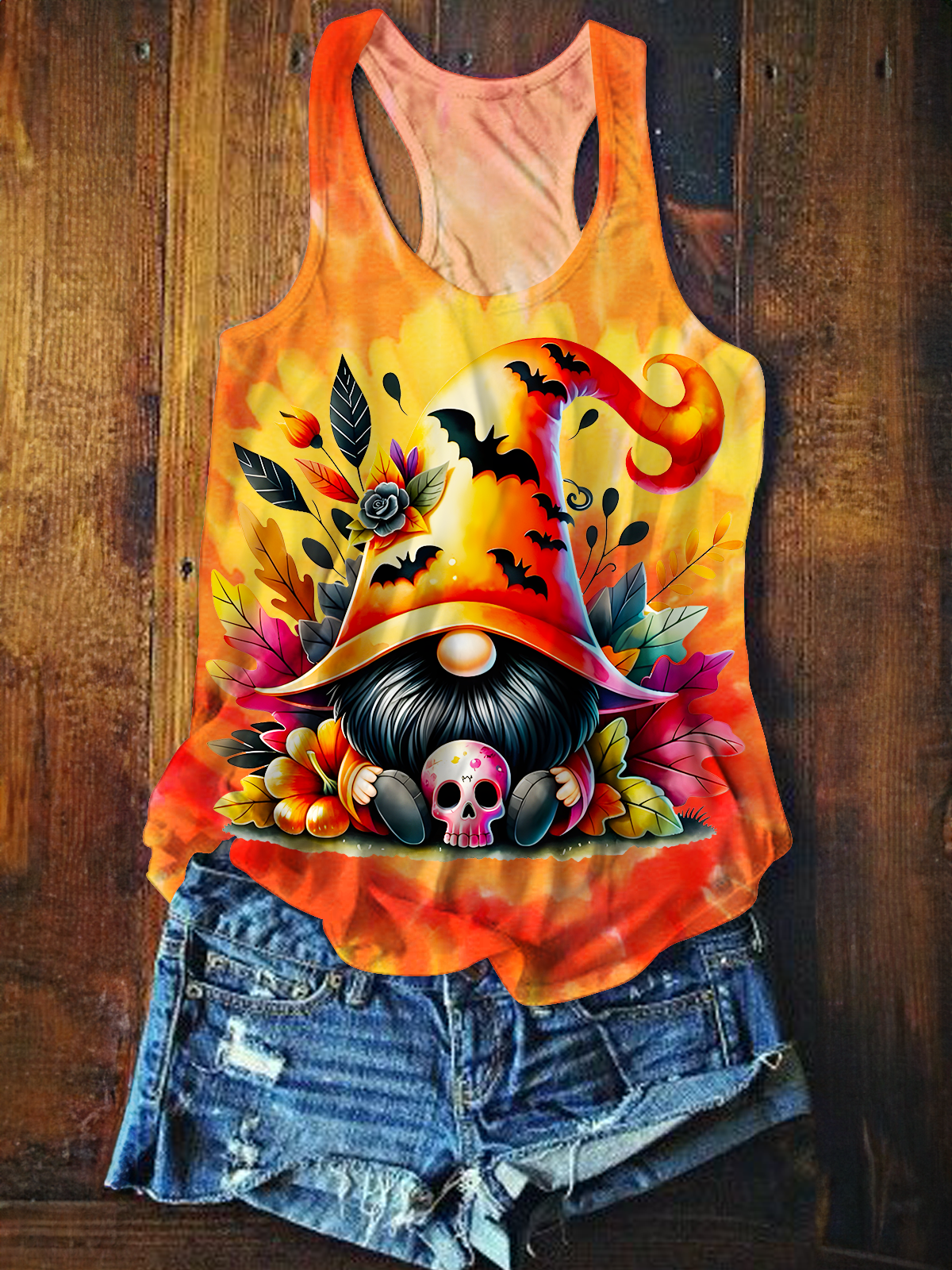 Tie-Dye Halloween Gnome Printed Casual Tank Top