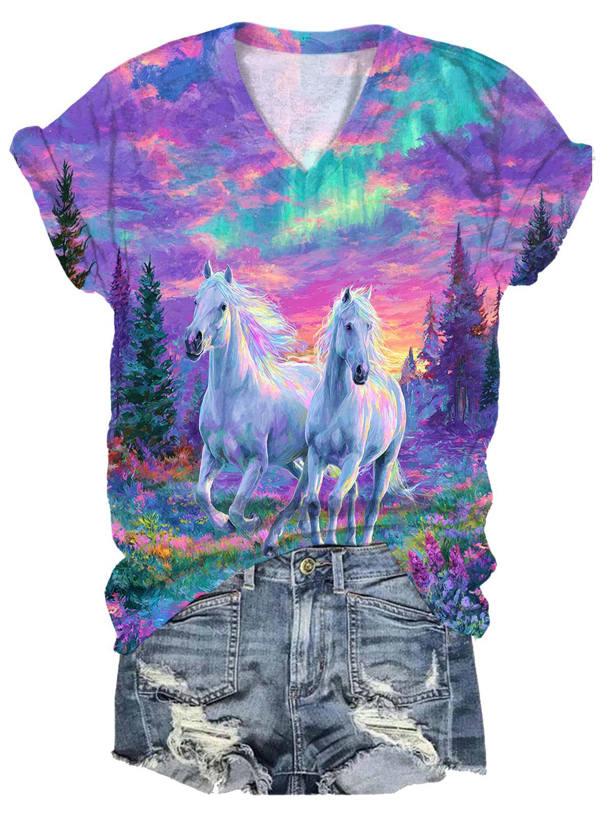 Aurora White Horse Watercolor Women Short-sleeved V-neck T-shirt