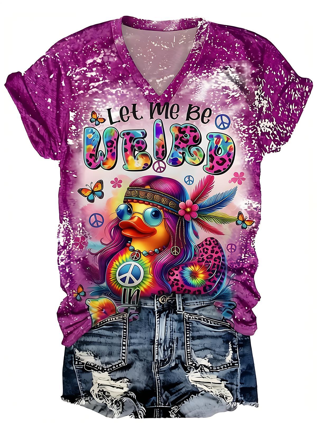Boho Hippie Peace Tie Dye Duck "Let Me Be Weird" Women's Short Sleeve V Neck T-Shirt