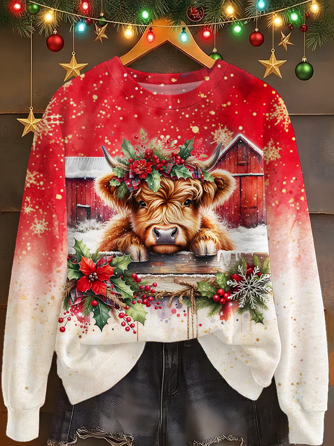 Christmas Highland Cow Printed Long Sleeve Casual Top