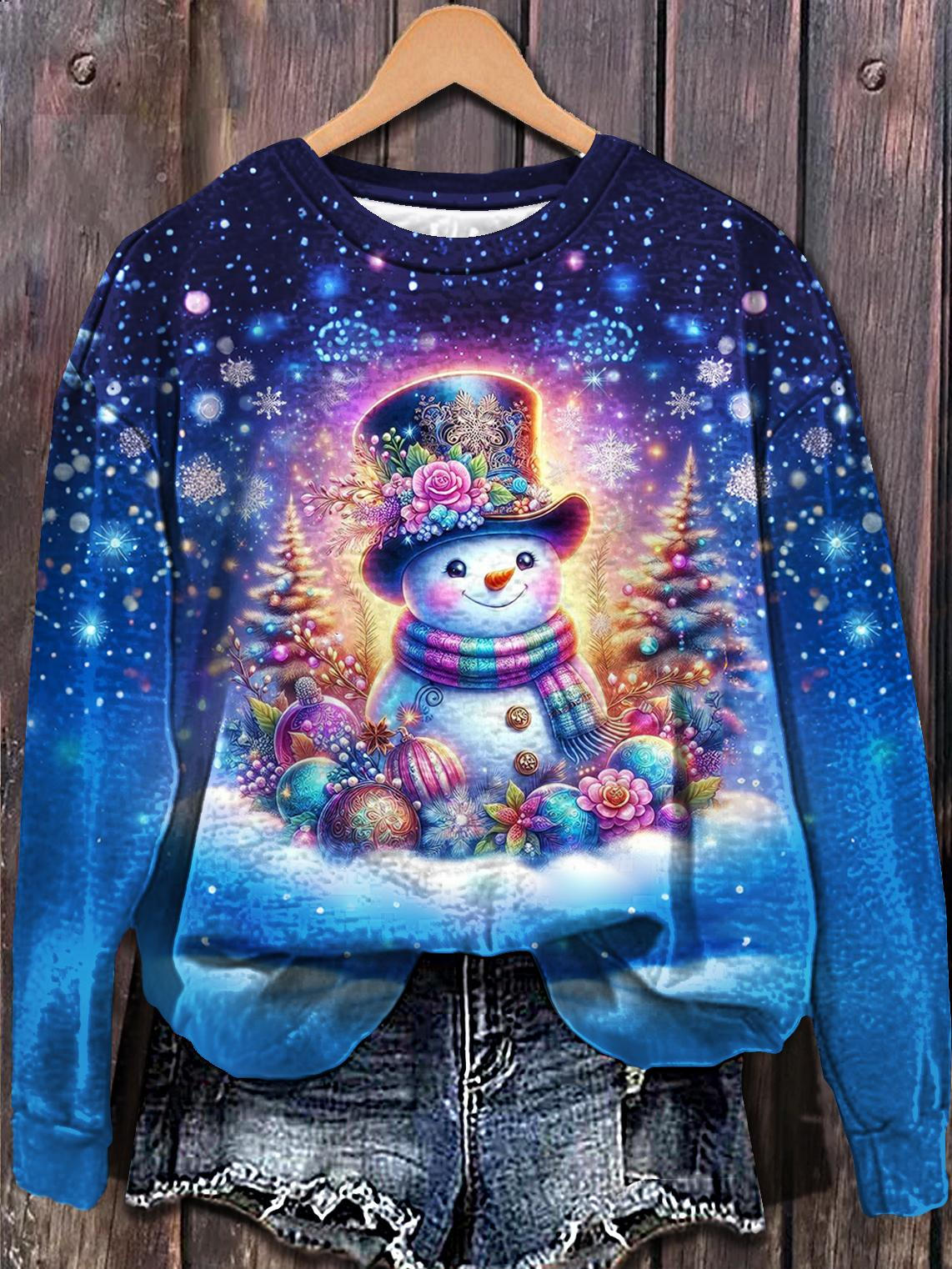 Christmas Snowman Print Long Sleeve Casual Top