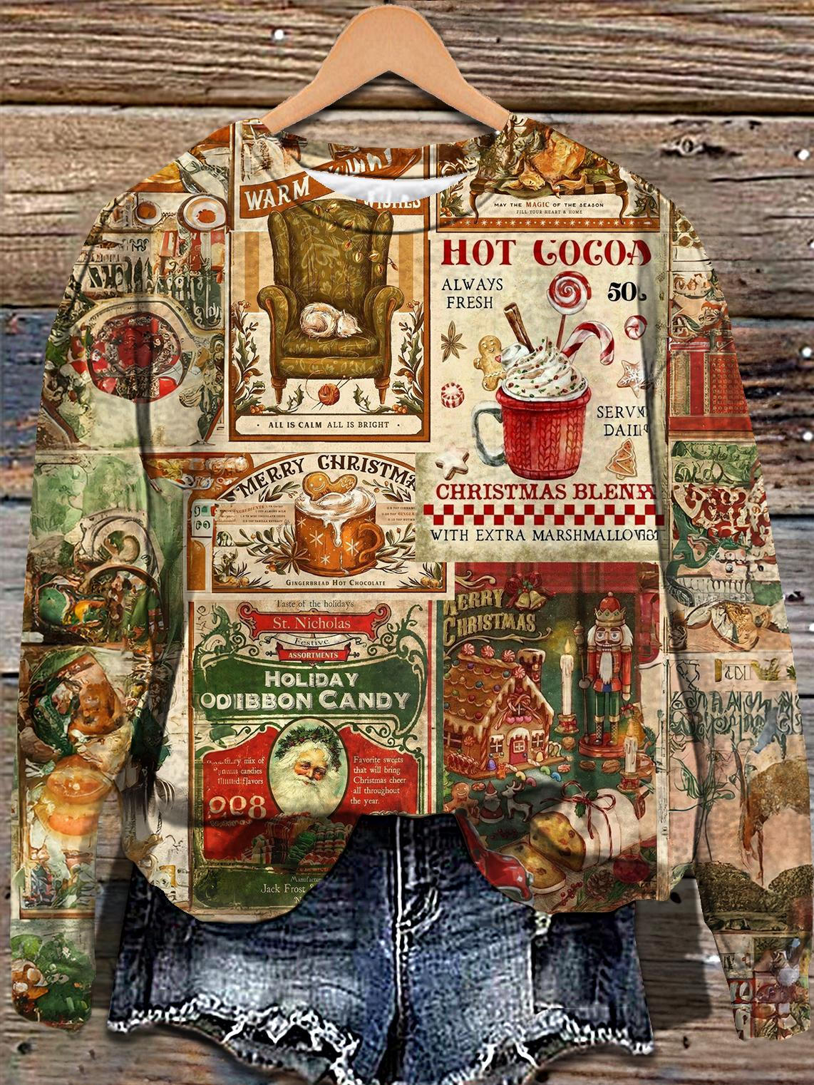 Christmas Retro Christmas Tree Printed Long Sleeve Casual Top