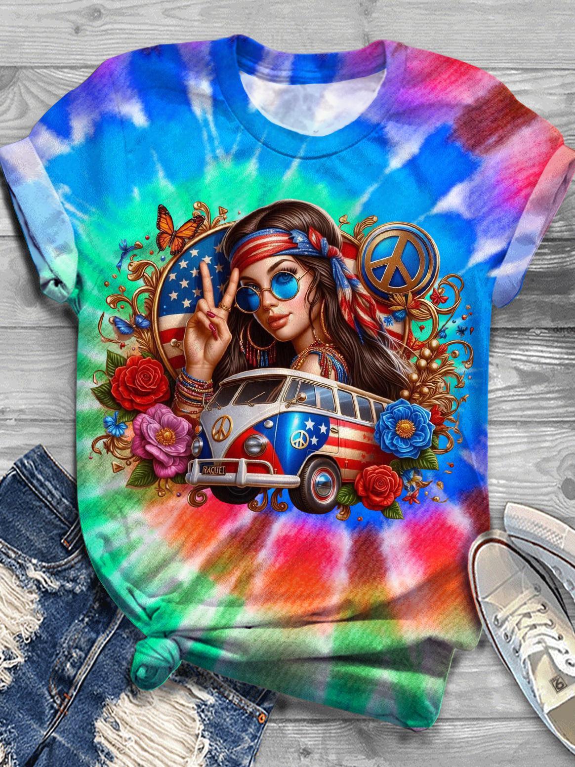 Patriotic Hippie Girl With Peace Van And Flowers Graphic Women's Round Neck Short Sleeve T-shirt