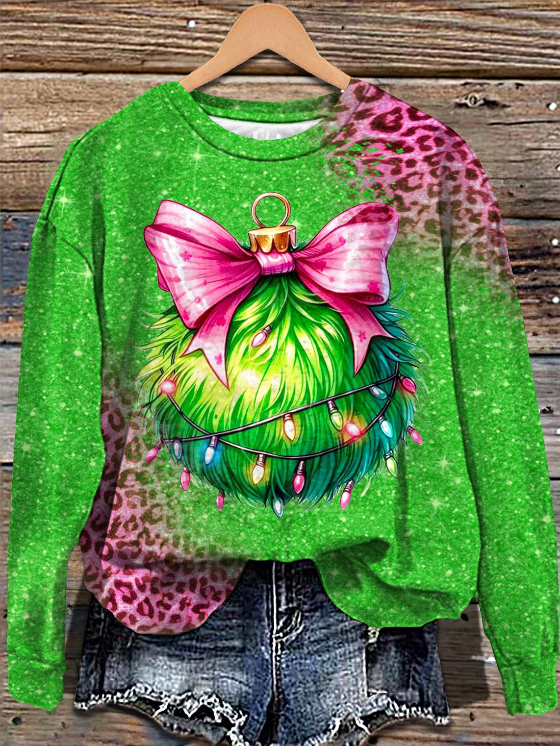 Christmas Grinch Bow Printed Long Sleeve Casual Top