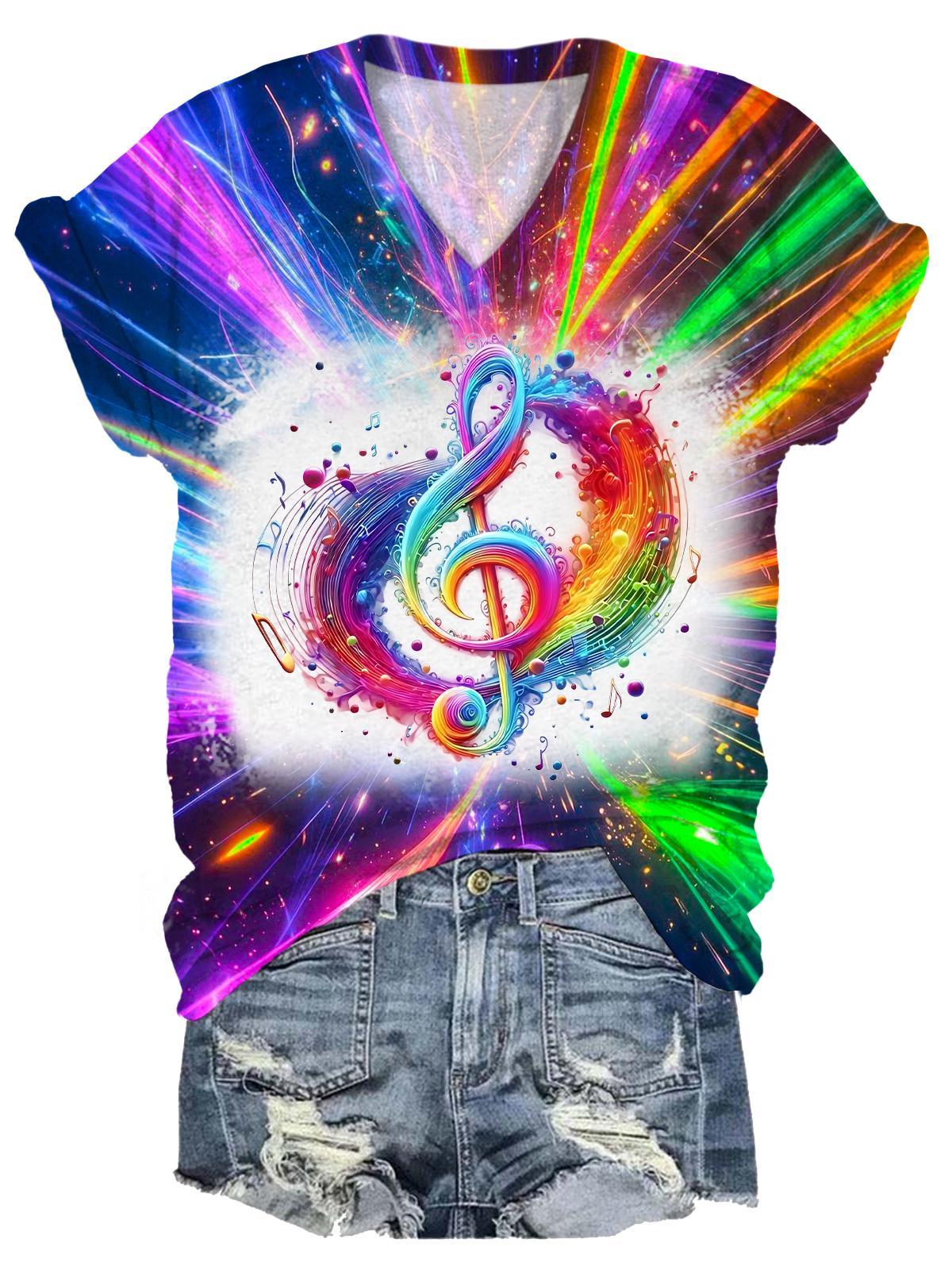Women's Neon High-pitched clef Short-sleeved V-neck T-shirt