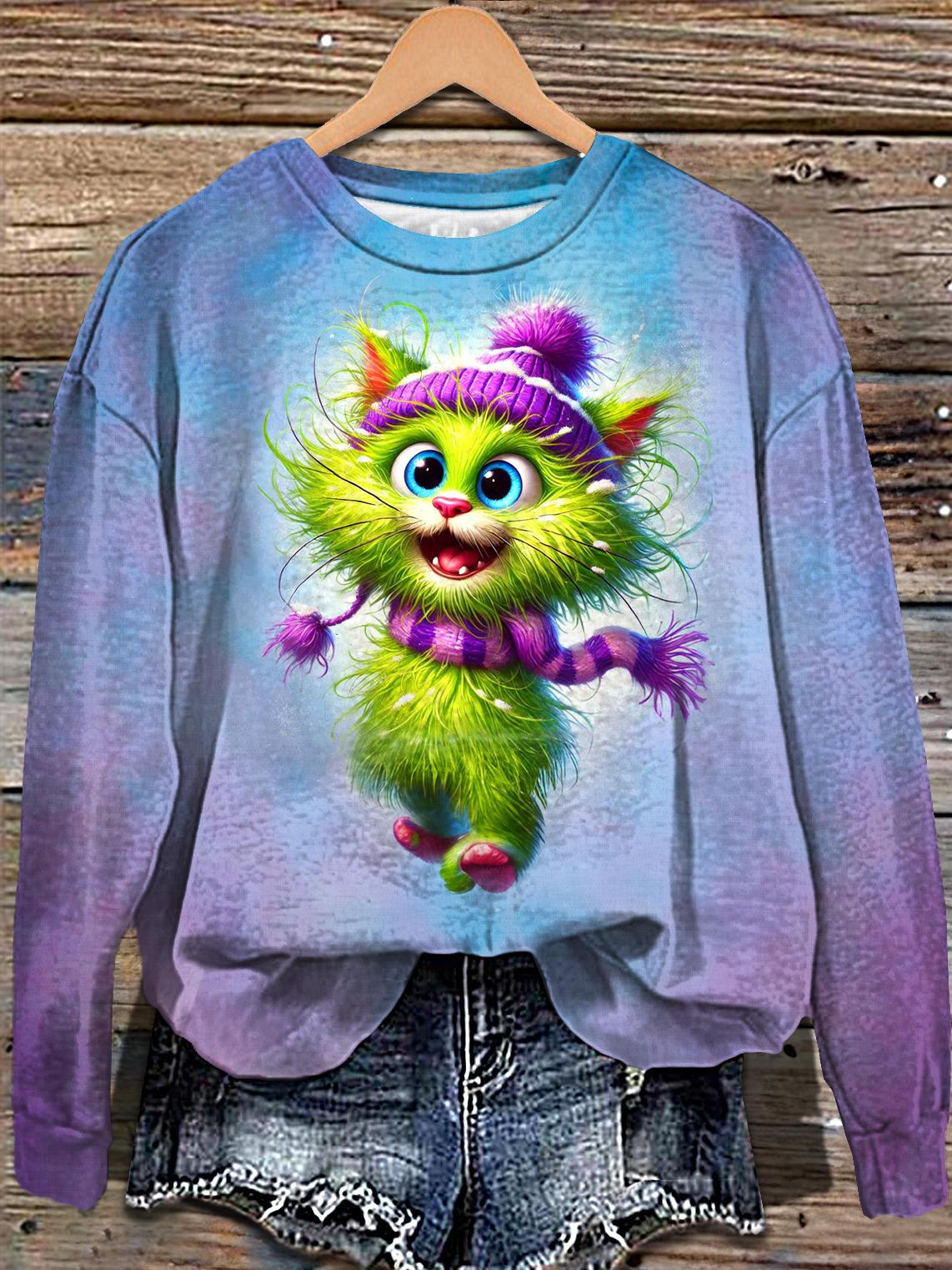 Christmas Grinch Cat Printed Long Sleeve Casual Top