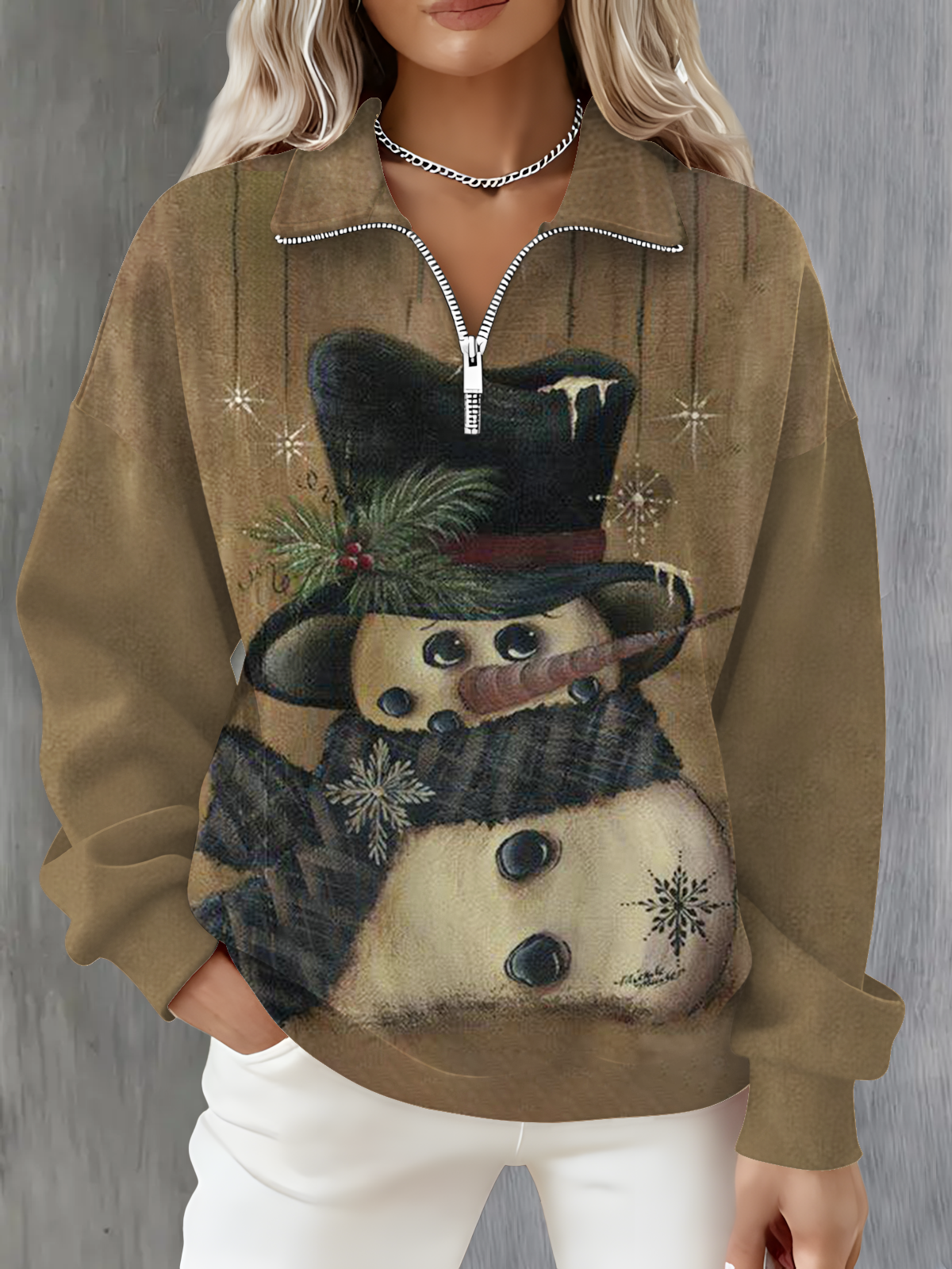 Vintage Snowman Long Sleeve Zipper Sweatshirt