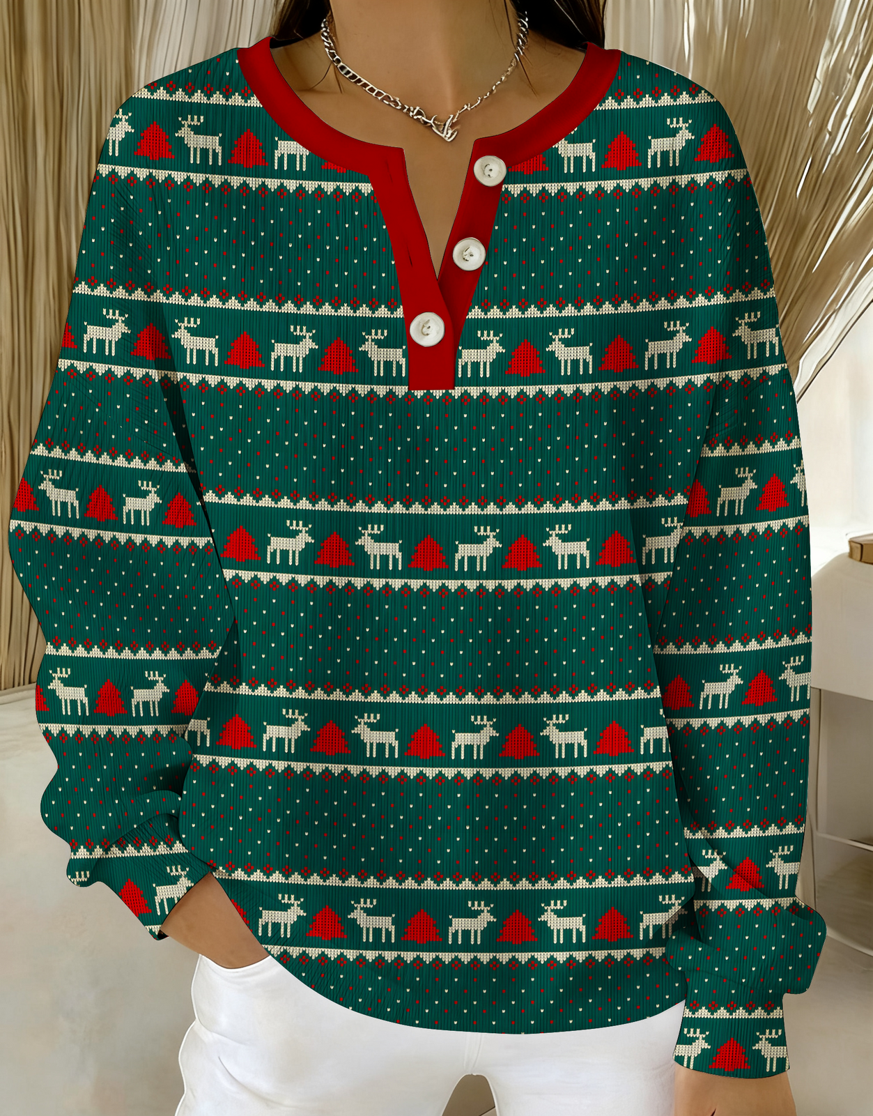 Vintage Christmas Fair Isle Knitted Button Long-Sleeved Sweater