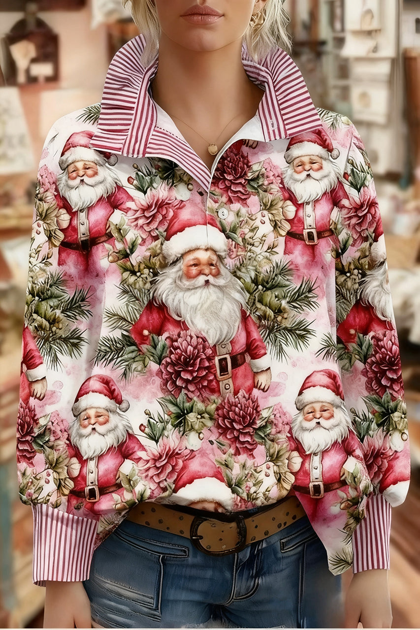 Vintage Christmas Santa Print Striped Long Sleeve Top