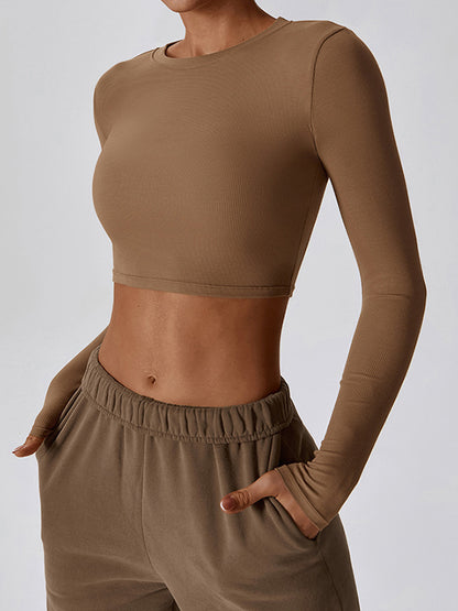 Long Sleeves Wrap Solid Color Round-Neck Yoga Tops