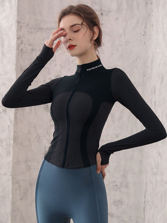 Long Sleeves Skinny Letter Print Solid Color Zipper Stand Collar Yoga Tops