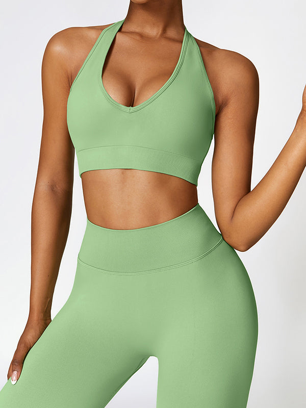 Skinny Wrap Backless Solid Color Halter-Neck Sports Bra